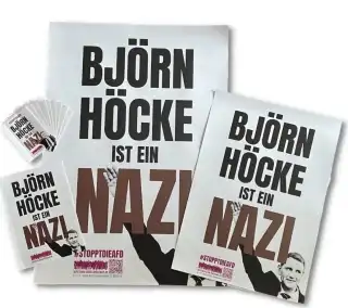Ein Flyer von "Aufstehen gegen Rassismus" mit einer Grafik von Björn Höcke und dem Schriftzug: Björn Höcke ist ein Nazi
