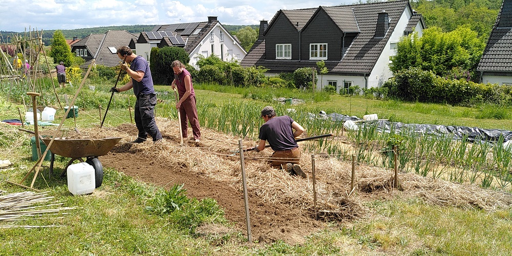 Drei Menschen von WiRschaft bearbeiten ein Stück Land, im Hintergrund sind Einfamilienhäuser zu sehen.