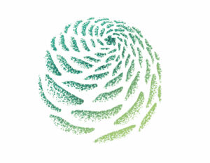 Grafik Commons-Muster: grün/ blaue Flächen sind kugelförmig und spiralig auf ein Zentrum hin angeordnet. Waswirtunkoennen.jetzt möchte das Zentrum sein.