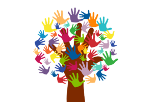Eine Grafik der Commons-Sommerschule, ein Baum dessen Blätter bunte Hände sind.