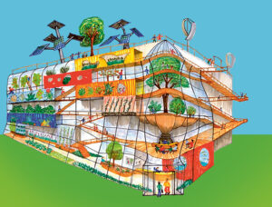 Eine Grifik des zukünftigen Kulturenergiebunkers, mit Dachgarten, Solarpaneelen und Menschen die ein- und ausgehen.